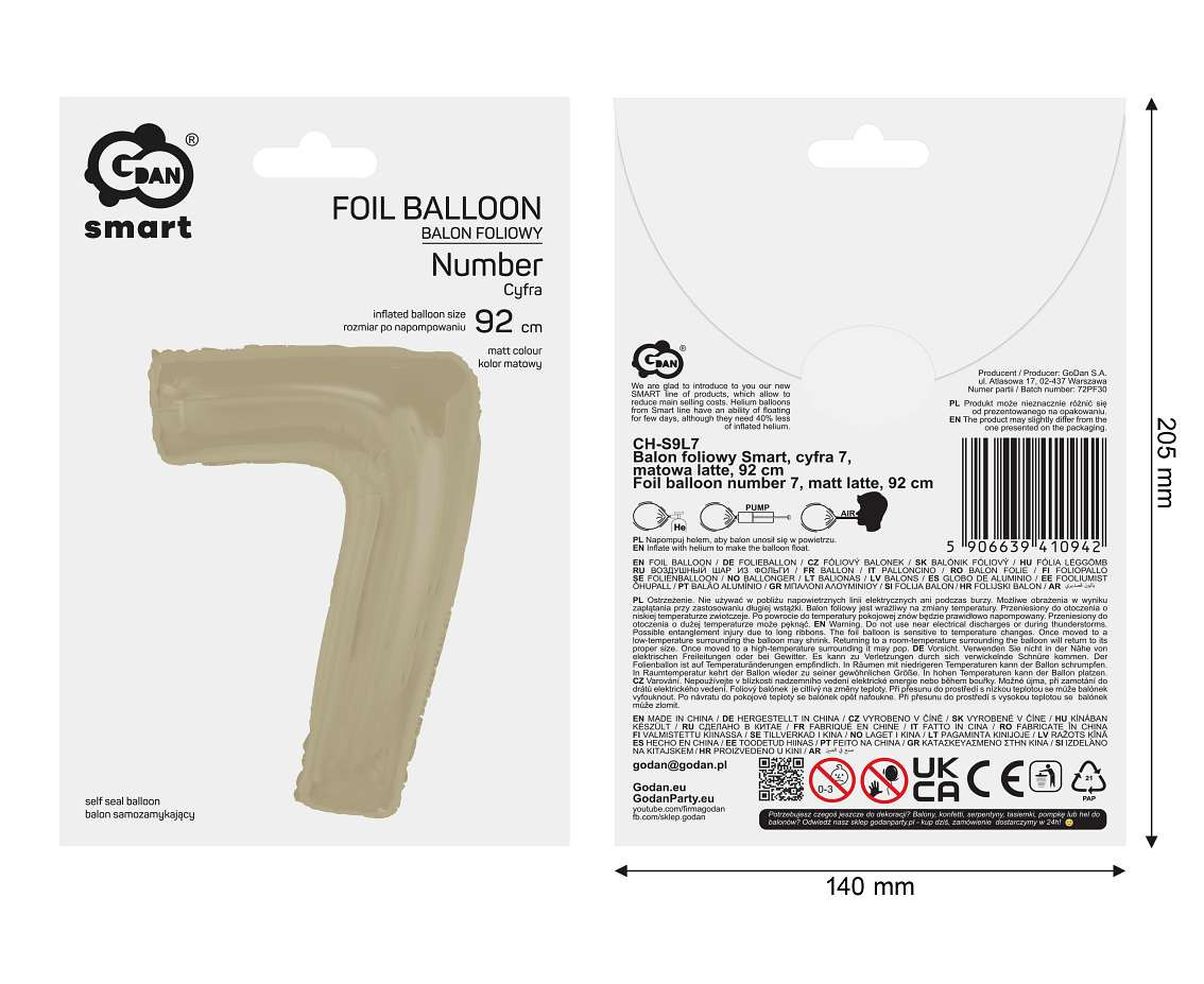 Foil balloon number 7, matt latte, 92 cm EOL